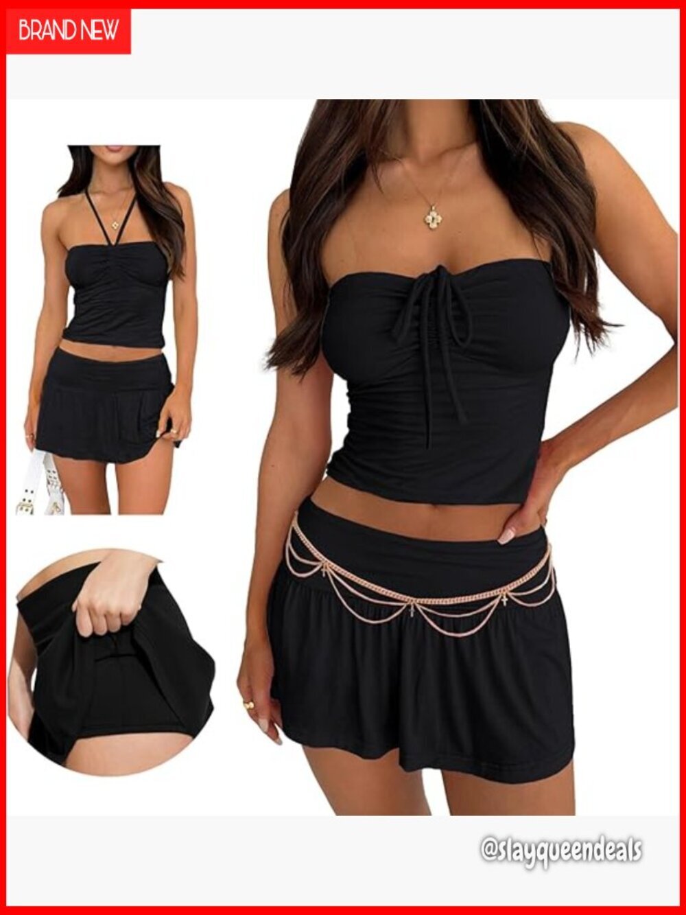 Large Y2K Two Piece Set Ruched Tube Crop Top Pleated Skort